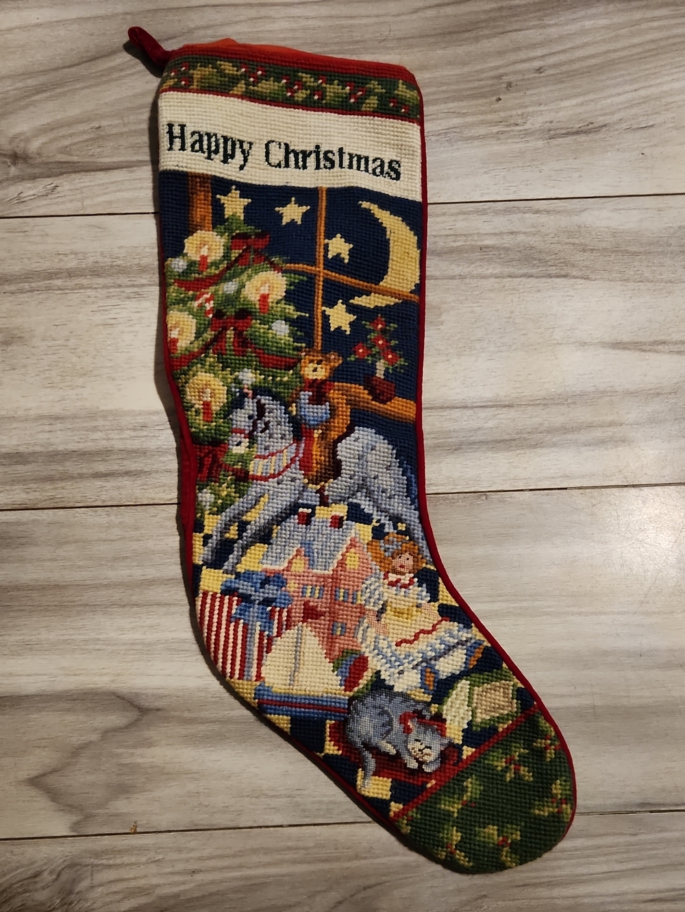 19" Vintage Wool/Cotton Needlepoint Christmas Stocking